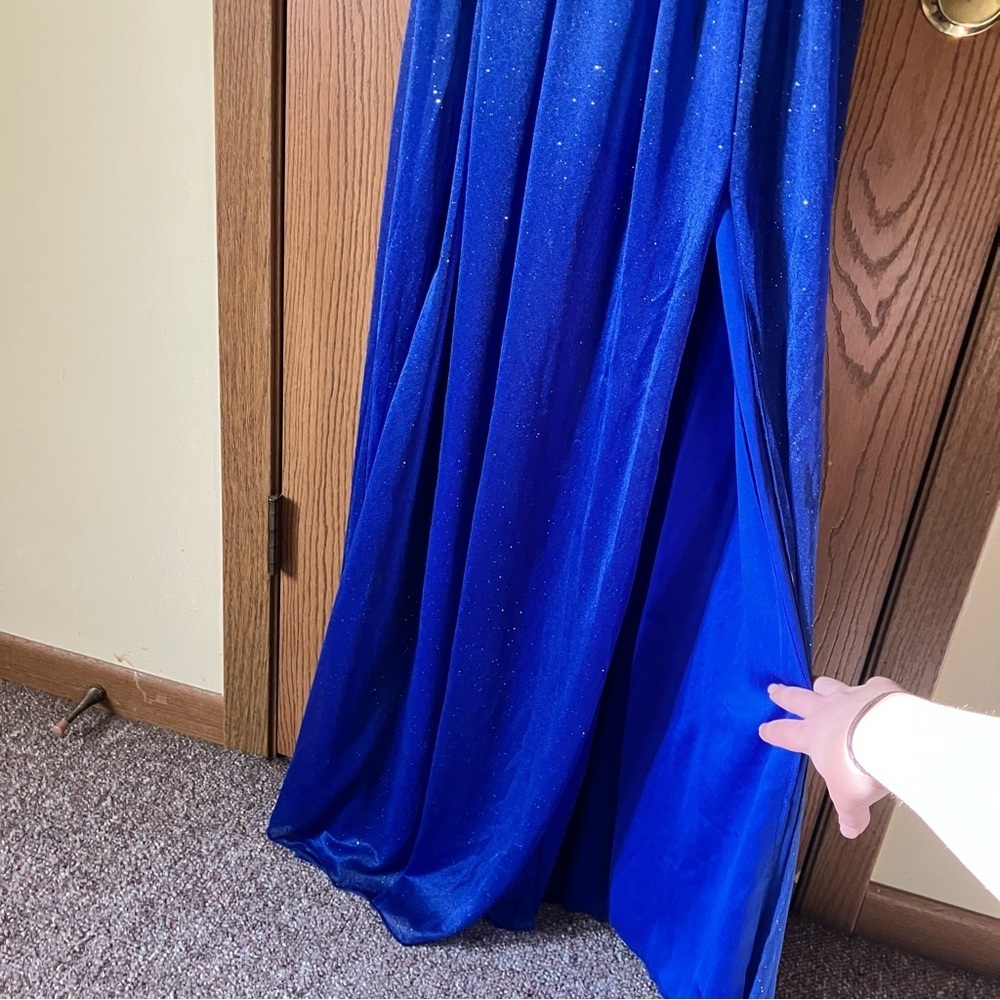 Royal Blue Spaghetti Strap Formal Floor Length Slit Corset Back Dress - Picture 4 of 8